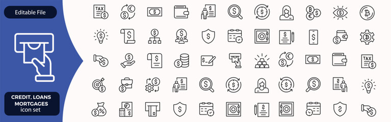 Credit, Loans and Mortgages web icons in outline style. Credit card, deposit, car leasing, rate interest, calculator, income, rating, collection. Editable stroke outline icon.