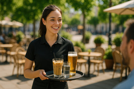 Serveuse souriante en terrasse servant des boissons fra&icirc;ches un jour d&rsquo;&eacute;t&eacute;, ambiance conviviale et ensoleill&eacute;e dans un caf&eacute; urbain anim&eacute;