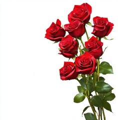 Naklejka premium Beautiful Red Roses Bouquet with Green Leaves on White Background for Floral Decoration and Gift Giving on Special Occasions