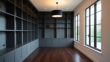  Sleek living space with built-in dark gray shelving, black pendant light, and natural light flooding through large windows 