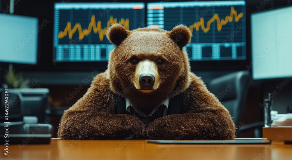 Poster bear figure in vest at desk before computer screens displaying finance charts emphasizing business s