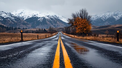 Empty road through mountains in autumn