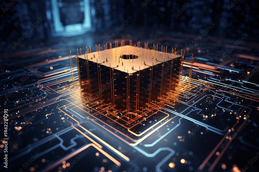Poster futuristic processor unit rendering on circuit board in artificial lighting