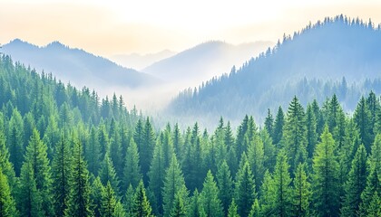 Fototapeta premium Misty mountain landscape with dense evergreen forest at sunrise