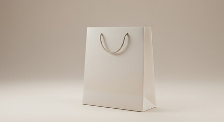A blank white paper shopping bag with twisted handles stands against a light beige background, ready for your retail branding or design.
