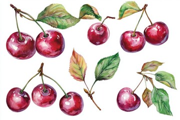 Charming watercolor elements showcasing cherries and their leafy surroundings. 