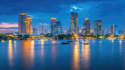 Fototapeta premium Scenic Night View of Urban Skyline with Reflections on Water
