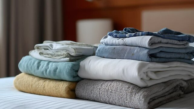 Folded Linen Stack on Bed: A neat pile of freshly laundered and folded bed linen in soothing colors, neatly arranged on a bed, symbolizing comfort and domestic tranquility.