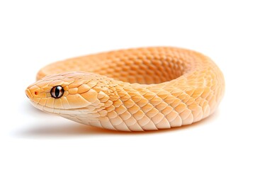 Pale yellow snake coiled on white background, head slightly raised, showing scales and eye detail