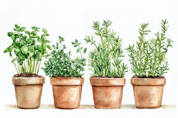 Obraz premium Charming herb set showcased in pots, perfect for any kitchen décor.