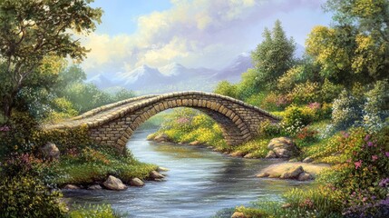 Fototapeta premium Serene Stone Bridge Over Tranquil River Surrounded by Nature