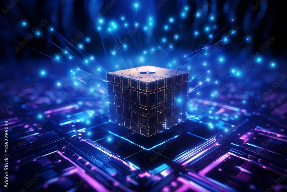 Poster advanced quantum processor core with glowing circuitry and photon emissions