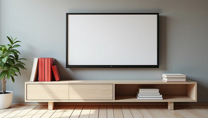 Minimalist Living Room: Modern TV Setup with Wooden Console and Decor