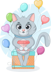 Cute cat with gift box and balloons. Birthday card illustration