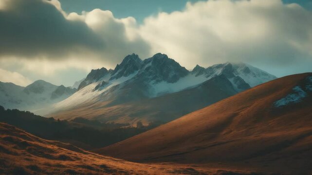 An idyllic scene featuring a craggy hill swathed in brown colors, with looming peaks in the distance, on a cloudy day.