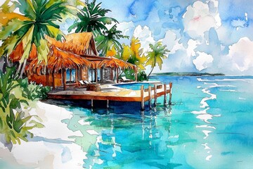 Obraz premium Ideal escape captured in vibrant watercolor showcasing nature's beauty.