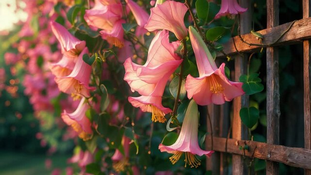 A mandevilla vine, showcasing large pink trumpet flowers as it climbs over a trellis.
