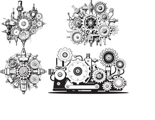 Mechanism set, retro, vintage, steampunk, cyberpunk, decorative elements. Ideal design for social media, cover, banner, flyer, music, ads.