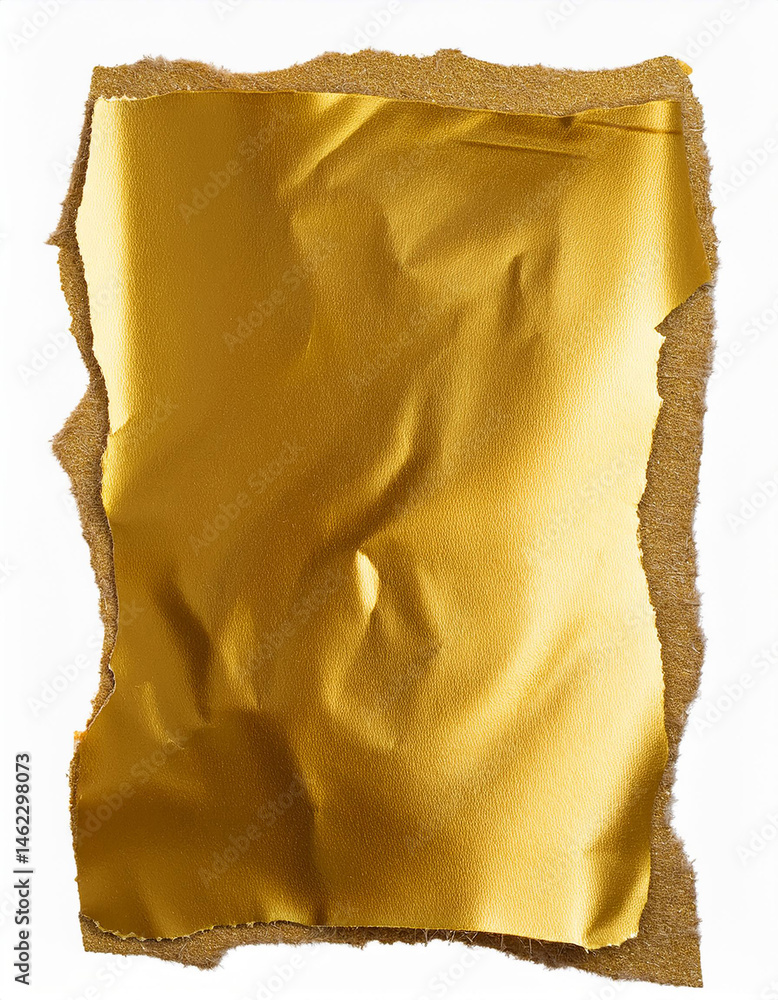 Poster a piece of crumpled gold paper with torn edges on a white background. gold leaf with rough edges for