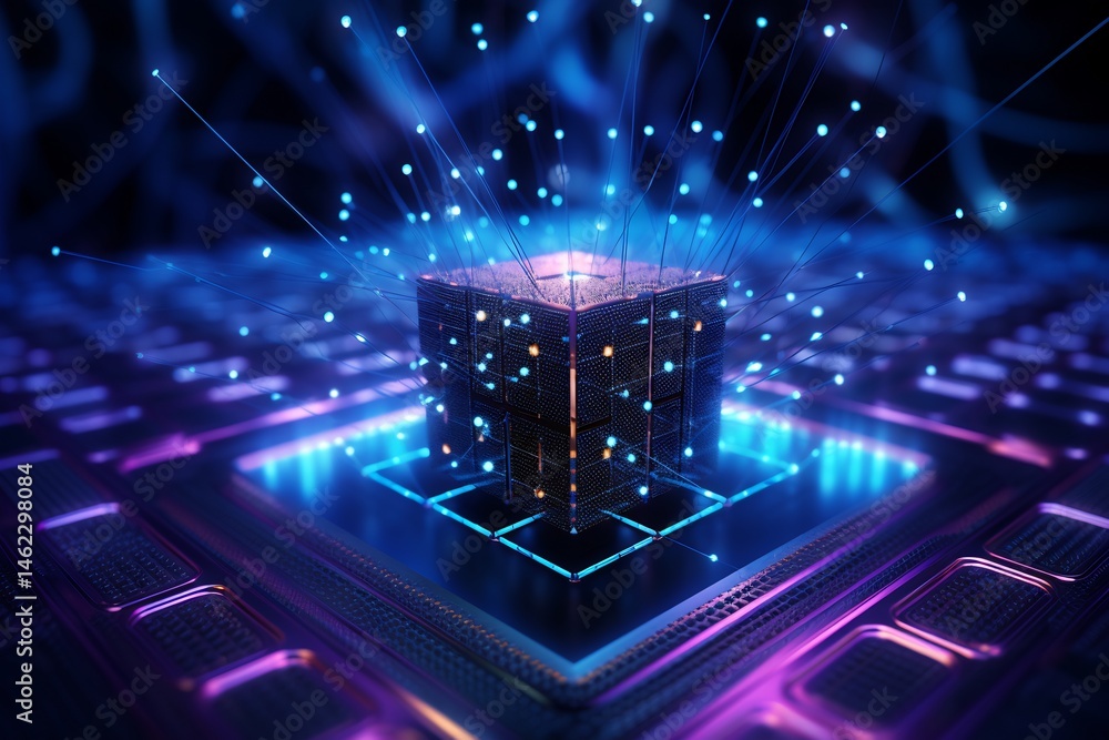 Poster Futuristic Neural Network with Glowing Data Streams in Quantum Computing