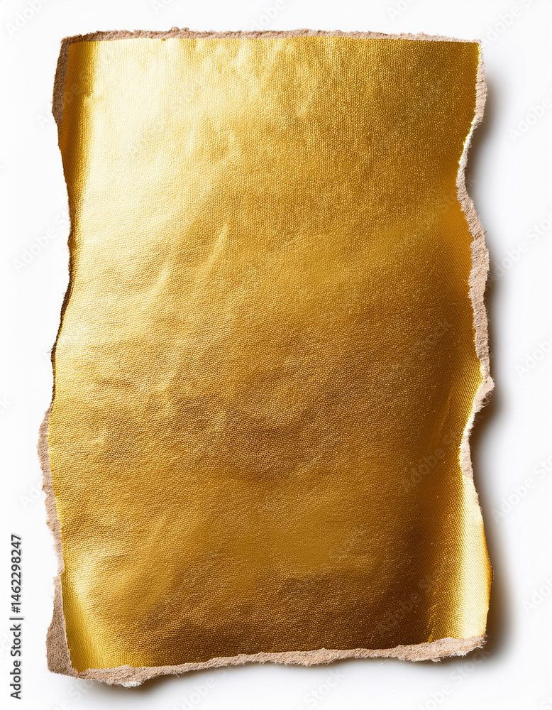 Poster torn piece of shiny golden paper with rough edges on a white background. use it as a design element 