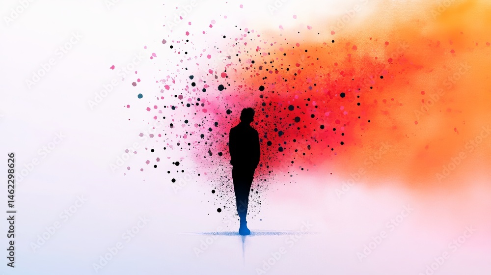 Poster silhouette person stands amid vibrant colorful splatters and gradient background with a subtle refle