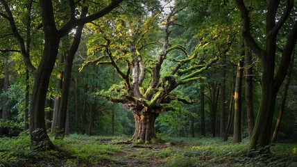 Fototapeta premium Ancient Moss-Covered Tree Dominating Forest Clearing with Sunlig