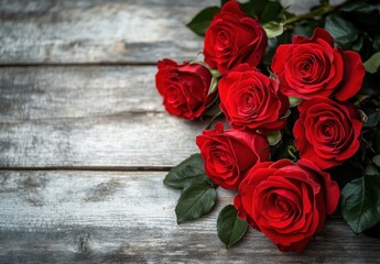 Naklejka premium Elegant Arrangement of Fresh Red Roses on a Rustic Wooden Background, Perfect for Celebrations, Love, and Romantic Occasions