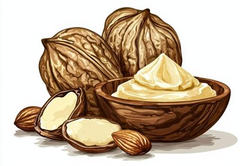 Artistic depiction of shea butter and nuts on a clean white background