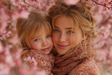 Mother and Child Embracing in a Blooming Garden