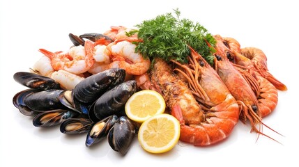 Fresh Seafood Platter with Shrimp, Fish, Mussels, and Lemon Slices