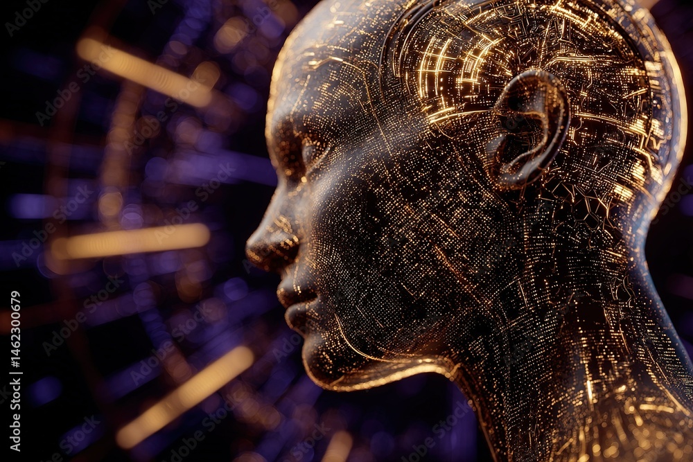Poster futuristic humanoid figure illuminated by intricate data patterns in a technological landscape