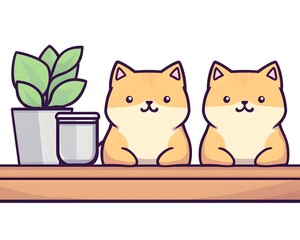 Two adorable orange kittens sit on a shelf with a plant and mug