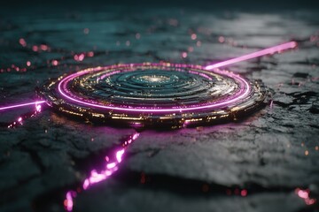 Obraz premium Circular glowing pattern on cracked surface with vibrant light beams in a dark environment