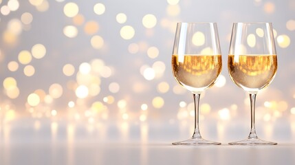 Two wine glasses filled with sparkling golden liquid against a bokeh background