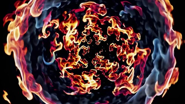 A mesmerizing video of swirling flames captured from a top-down angle, creating a dynamic, fiery vortex against a dark background. Live desktop wallpaper.