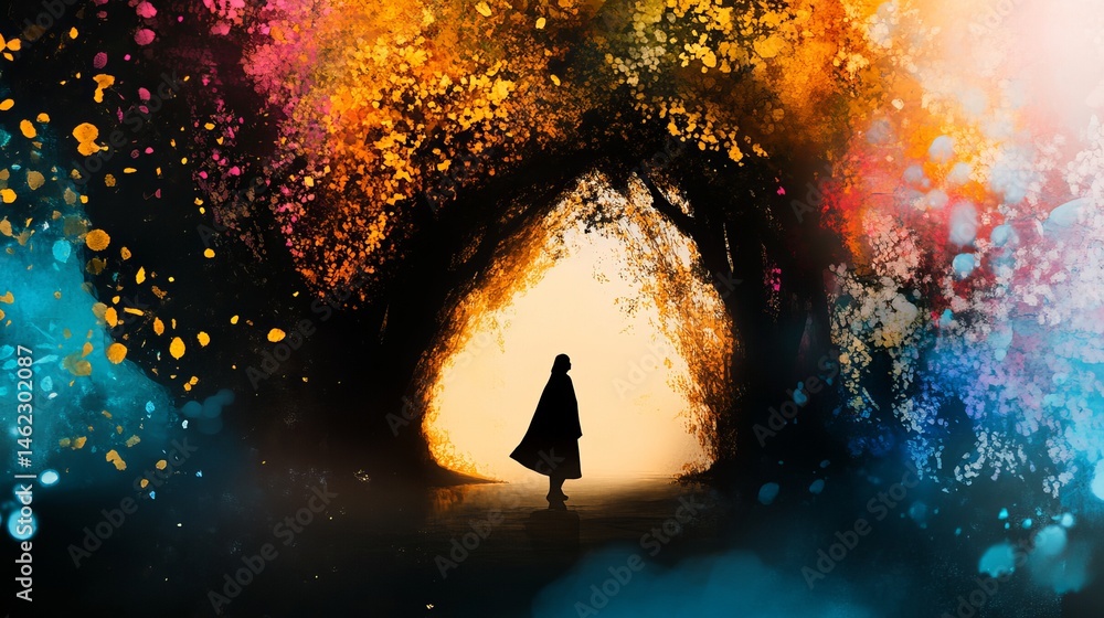 Poster silhouetted figure stands at a bright archway surrounded by colorful abstract patterns against a dar