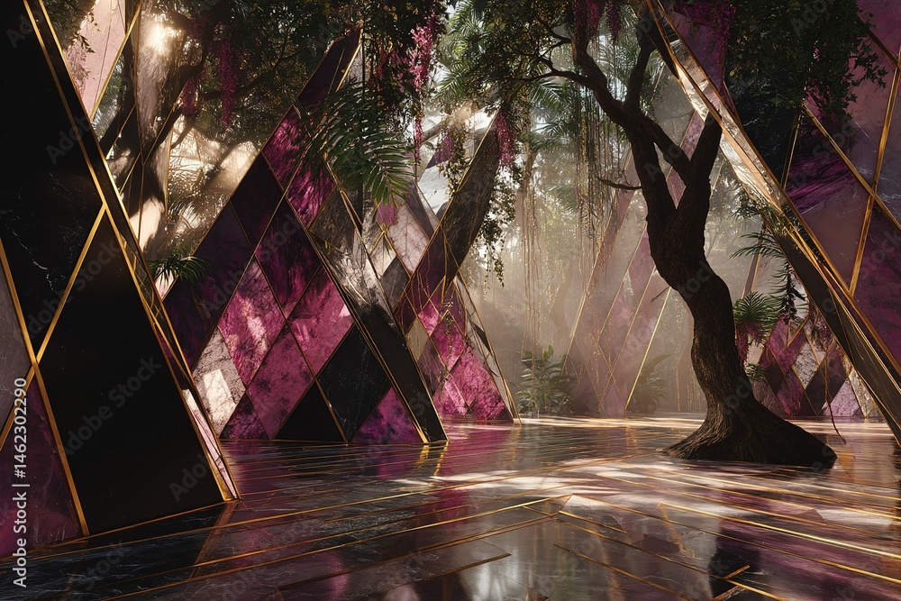 Poster enigmatic forest with geometric structures and soft light filtering through foliage at dawn