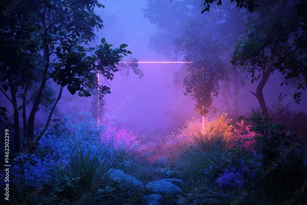 Poster mysterious illuminated pathway through a foggy forest during twilight hours showcasing vibrant color