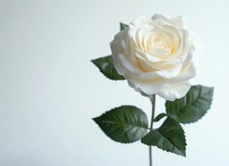Fototapeta premium Elegant White Rose on Soft Background with Fresh Green Leaves, Beautiful Floral Arrangement for Special Occasions and Romantic Settings