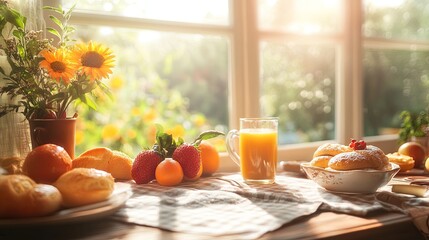 Sunny breakfast table with fruit, pastries, and a cozy atmosphere.