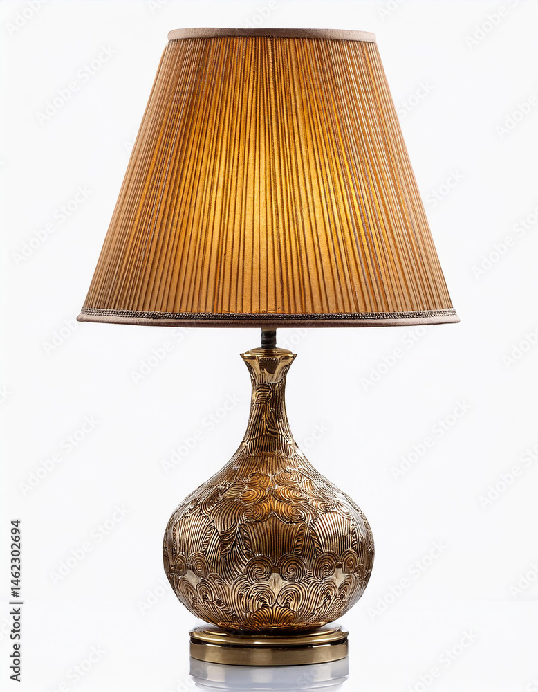 Poster illuminated table lamp with patterned gold base and pleated lampshade on a white background. interio
