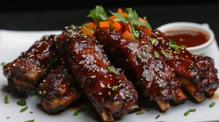 Delicious Glazed Pork Ribs with Sesame Seeds and Garnish
