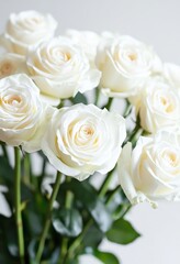 Obraz premium Elegant White Roses Bouquet with Delicate Cream Petals, Fresh Green Leaves, Perfect for Celebrations, Weddings, Events, and Home Decor