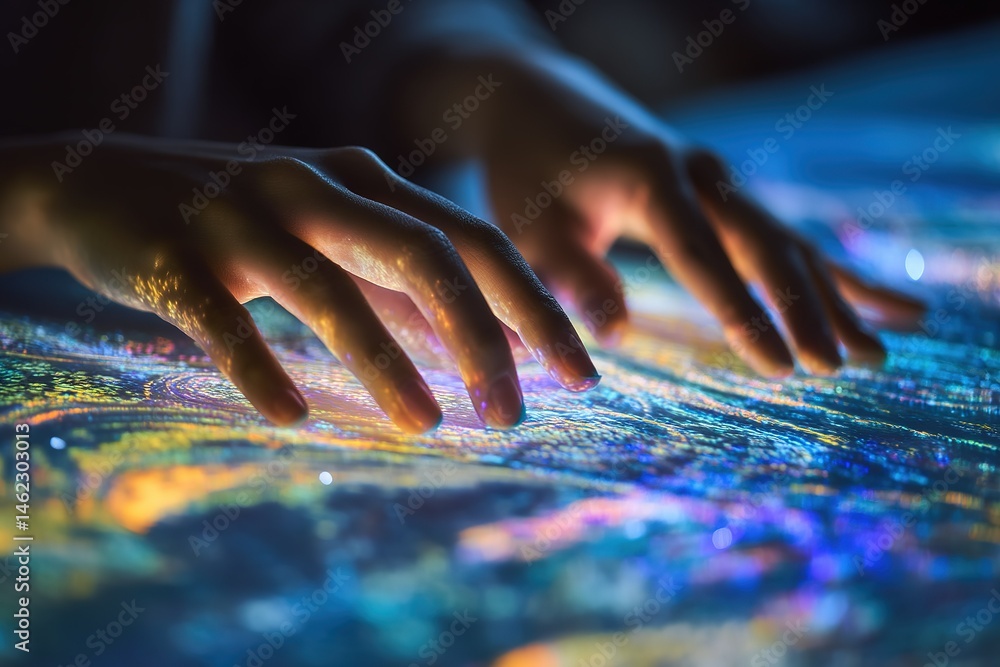 Poster hands interacting with colorful digital projection creating mesmerizing patterns in a modern art set