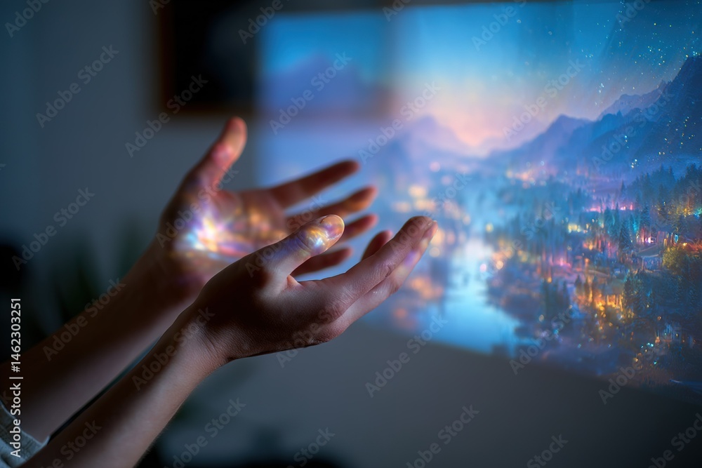 Poster hands illuminated by a projection displaying a serene landscape during an evening setting