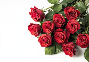 Fresh and Elegant Red Roses with Green Leaves Arranged on a White Background for Floral Composition and Romantic Decorations in Celebratory Events