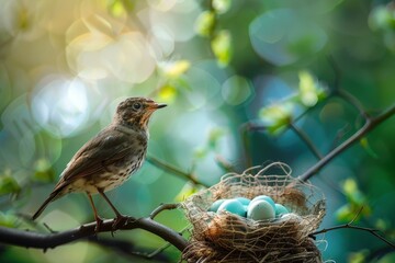 Tree branch in spring with bird eggs and nest