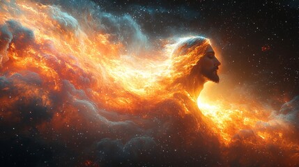 A divine, space-time Jesus emerging from a glowing celestial portal, with beams of light stretching across the galaxy, symbolizing His omnipresence and eternal nature