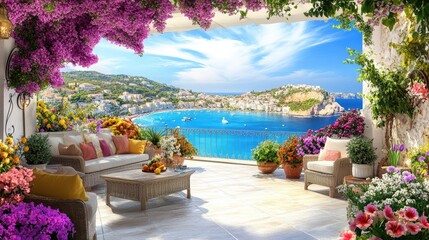 Serene Coastal View from a Beautiful Patio Surrounded by Flowers